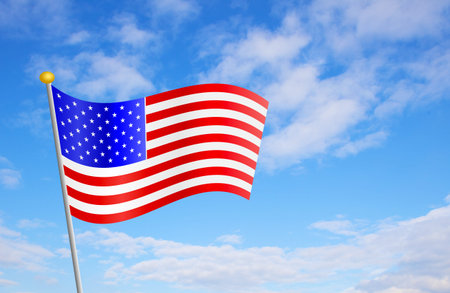 USA American flag against cloudy blue sky background