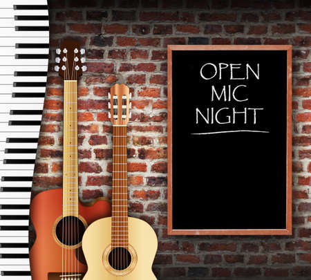 Guitars and keyboard against brick wall background and open mic night written on blackboard