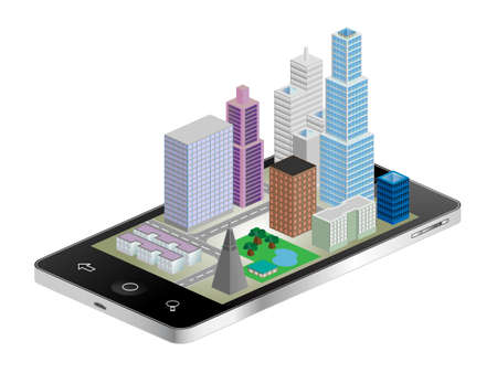 3D cityscape coming out of tablet phone vector illustrationのイラスト素材