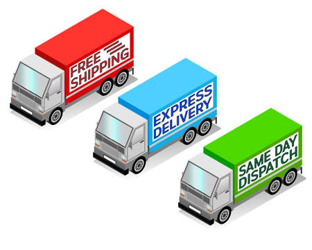 Isometric delivery truck vectors, free shipping, express delivery, and same day dispatchのイラスト素材