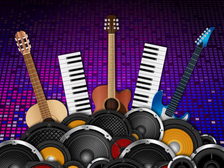 Musical instruments and speakers on disco backgroundの写真素材