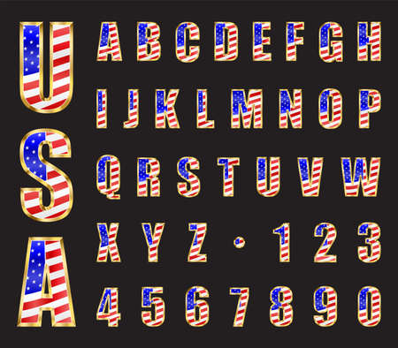 USA Stars and Stripes flag gold font. Letters and numbers vectorのイラスト素材