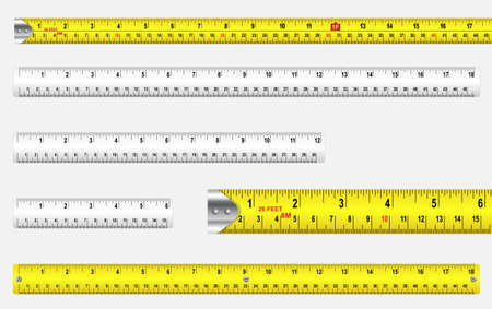 Rulers and tape measures with metric and imperial markings.のイラスト素材