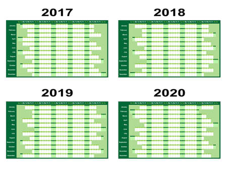 Full year wall planners for 2017, 2018, 2019 and 2020. Vector illustrationのイラスト素材