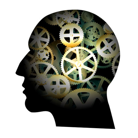 Head silhouette with old gear wheels inside