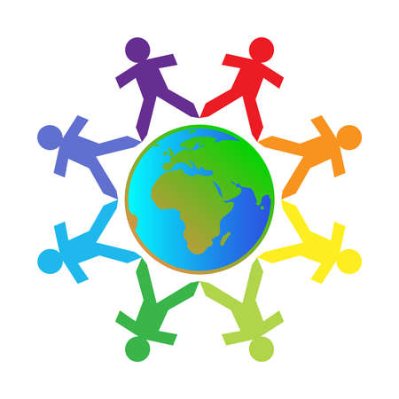 Paper chain cut out people with different colors surrounding the earth
のイラスト素材