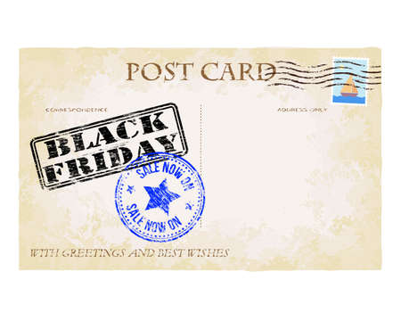 Black Friday and sale now on rubber stamps on old faded postcardのイラスト素材
