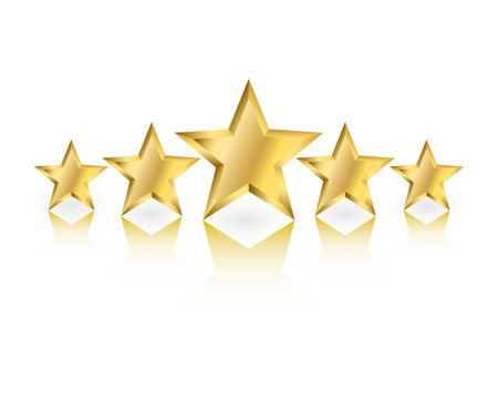 Five gold stars in different sizes with reflection on white backgroundのイラスト素材