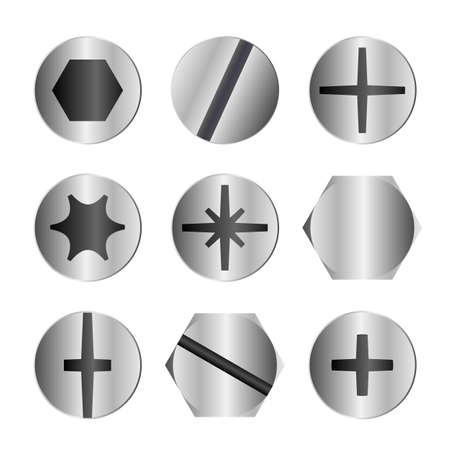 Different metal bolt and screw head typesのイラスト素材