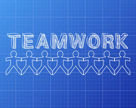 Teamwork hand drawn text and cut out paper people chain on blueprint backgroundのイラスト素材