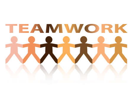 Teamwork cut out paper people chain in different skin tone colorsのイラスト素材
