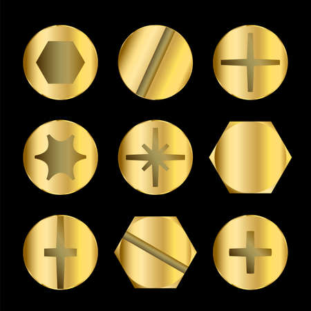Different gold bolt and screw head typesのイラスト素材