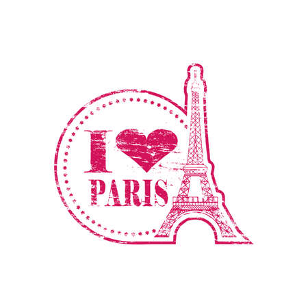 I love Paris heart with Eiffel Tower grungy rubber stamp illustrationのイラスト素材