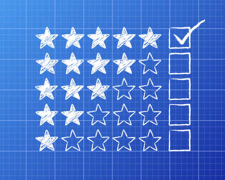 Stars with five rating ticked on blueprint backgroundのイラスト素材