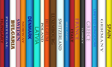 Book spines with different European travel destinationsのイラスト素材