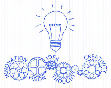 Light bulb and gear wheels with innovative words drawing on graph paper backgroundのイラスト素材