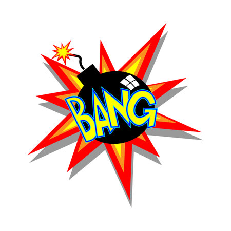 Cartoon bomb going bang colorful text caption illustration