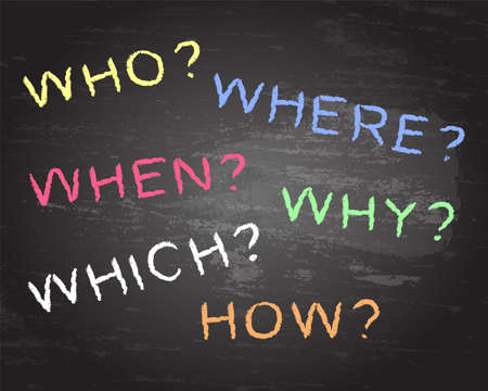 Questions hand written in colored chalk on blackboard backgroundのイラスト素材