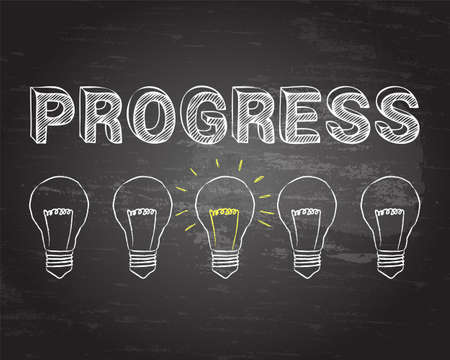 Hand drawn progress sign and lightbulb on blackboardのイラスト素材