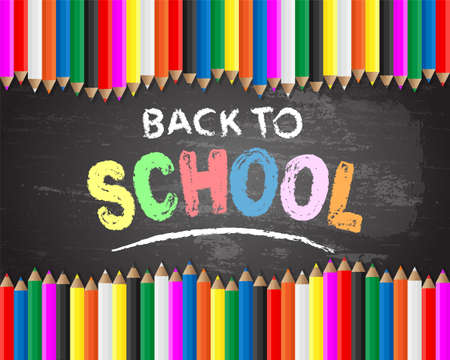 Back to school hand drawn in chalk on blackboard background with colored pencilsのイラスト素材