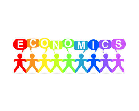 Economics word in speech bubbles with cut out paper people chain in rainbow colorsのイラスト素材