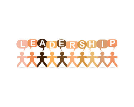 Leadership word in speech bubbles with cut out paper people chain in different skin tone colorsのイラスト素材