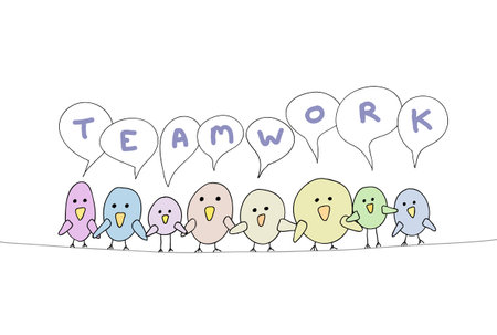 Colorful cartoon birds spelling teamwork word perched on a lineのイラスト素材