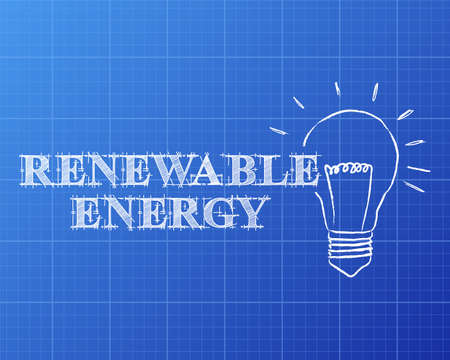 Hand drawn renewable energy sign and light bulb on blueprint backgroundのイラスト素材