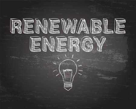 Hand drawn renewable energy sign and light bulb on blackboardのイラスト素材