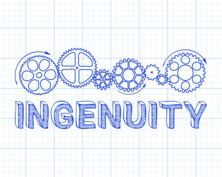 Ingenuity text with gear wheels hand drawn on graph paper background
のイラスト素材