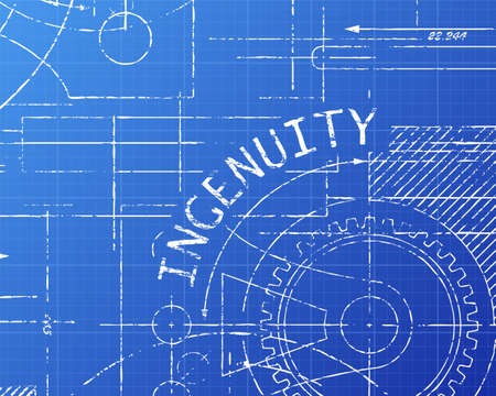 Ingenuity text with gear wheels hand drawn on blueprint technical drawing background
のイラスト素材