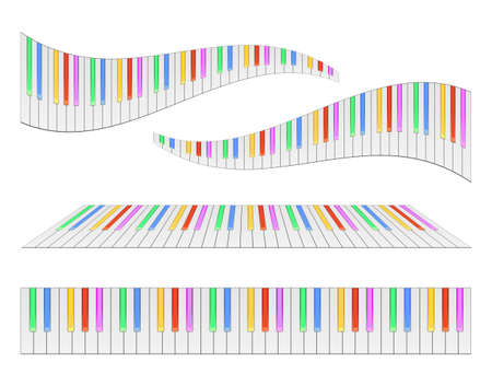 Piano keyboards with colored keys illustrations. Various angles and viewsのイラスト素材