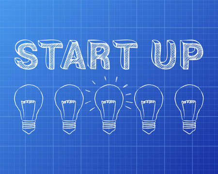 Hand drawn start up sign and light bulb on blueprint background
のイラスト素材