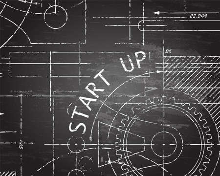 Start up text with gear wheels hand drawn on blackboard technical drawing background
のイラスト素材