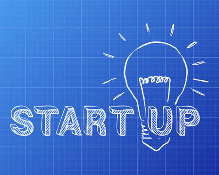 Hand drawn start up sign and light bulb on blueprint background
のイラスト素材