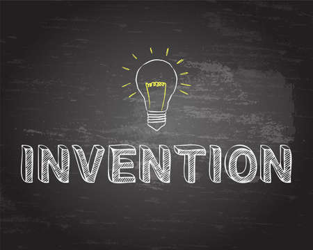 Hand drawn invention sign and light bulb on blackboardのイラスト素材
