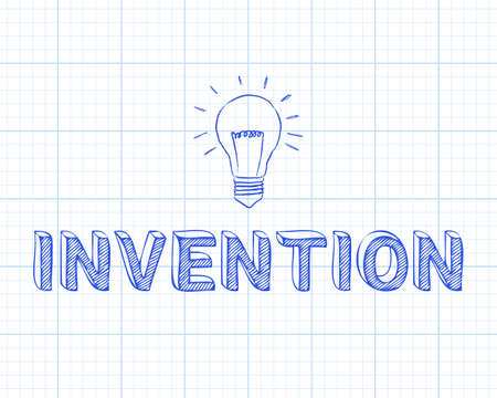 Hand drawn invention sign and light bulb on graph paper backgroundのイラスト素材