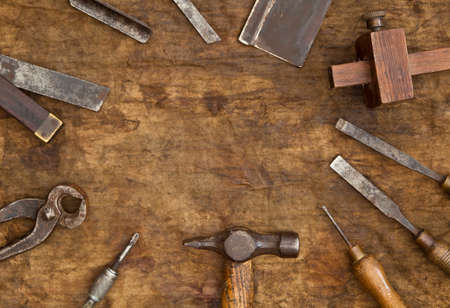 Old woodwork tools on grungy rag background
の写真素材