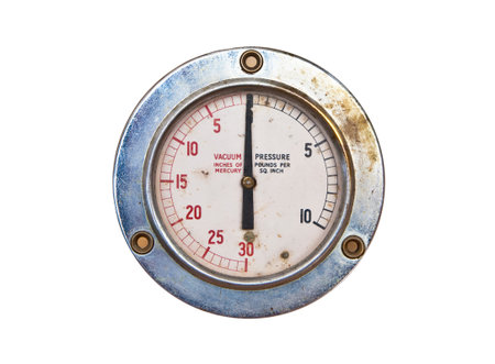 Grungy old air pressure and vacuum gauge isolated on white background