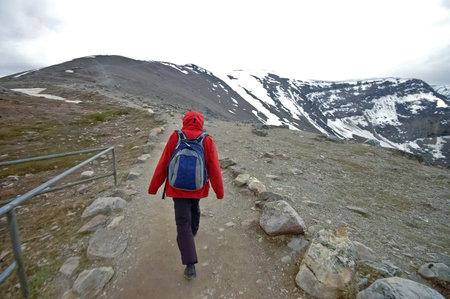 trekker walks to the mountain peak