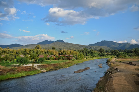 Small river and peaceful forest in Pai village Northern Thailandの写真素材