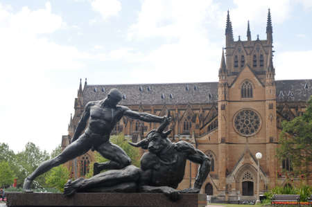 Famous statue and St Mary Cathedral in Sydneyのeditorial素材