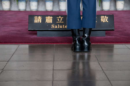 Taipei Taiwan  February 3 2015: Guards are changing at Sun Yat Sen Memorial hall in Taipei Taiwan. This photo is taken in the morning shift inside the central section of the hall.のeditorial素材