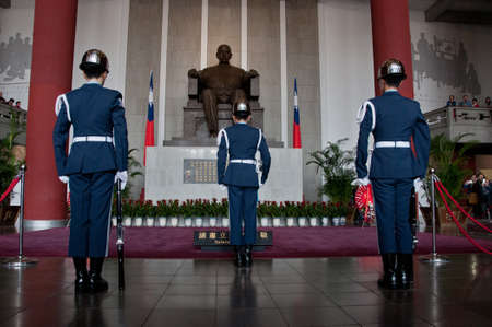 Taipei Taiwan  February 3 2015: Guards are changing at Sun Yat Sen Memorial hall in Taipei Taiwan. This photo is taken in the morning shift inside the central section of the hall.のeditorial素材