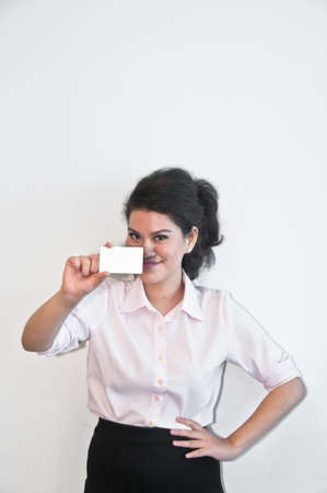 Business woman show white blank card on white backgroudの写真素材