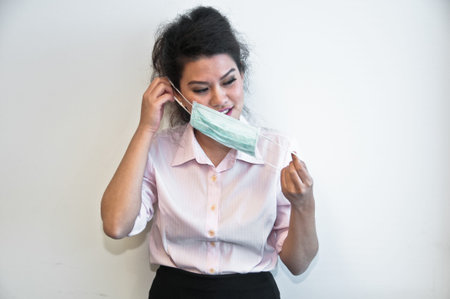 Business woman wear hygiene mask and sickの写真素材