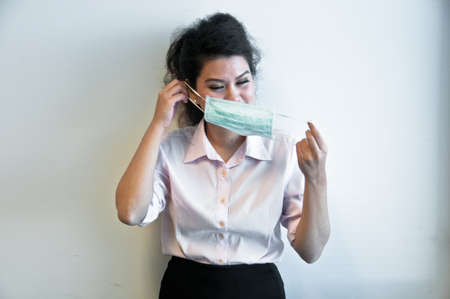 Business woman wear hygiene mask and sickの写真素材