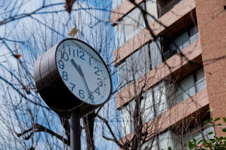 White big public clock with dried tree branches in Winterの写真素材