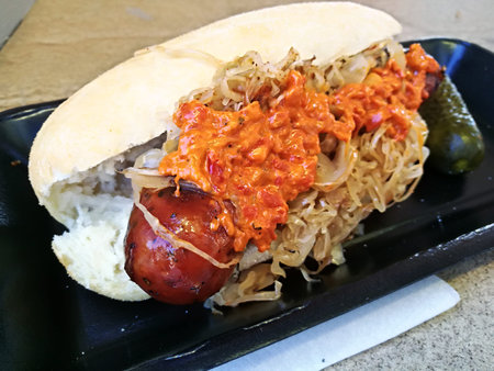 Spicy pepper giant pork German hot dog with special mustard sauceの写真素材