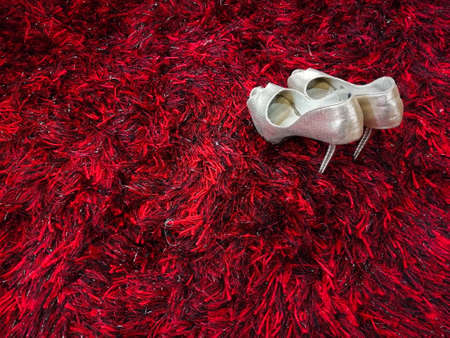 Silver shiny high-heeled shoes stiletto on red carpetの写真素材